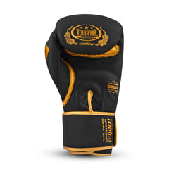 TOPGEAR SPORTS Muay Thai Edition boxing glove front view black gold logo wrist strap sparring glove