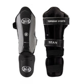Topgear Sports TITAN shin guards front and back view in black and silver