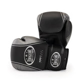TITAN Edition Boxing Gloves – black and grey training gloves front view with wrist strap