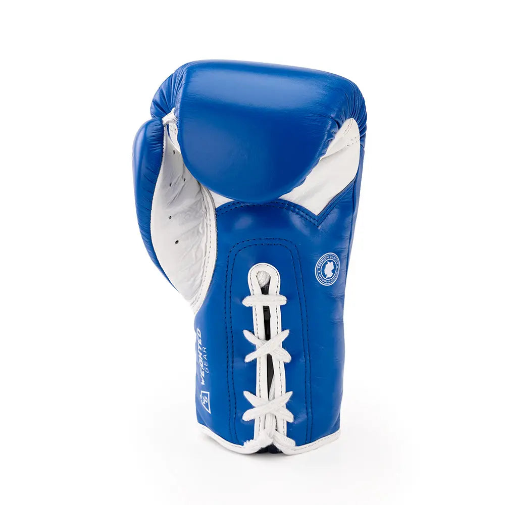 Front view of blue lace-up boxing glove