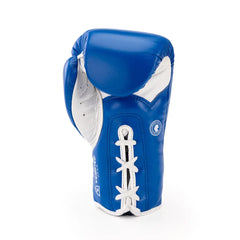 Front view of blue lace-up boxing glove