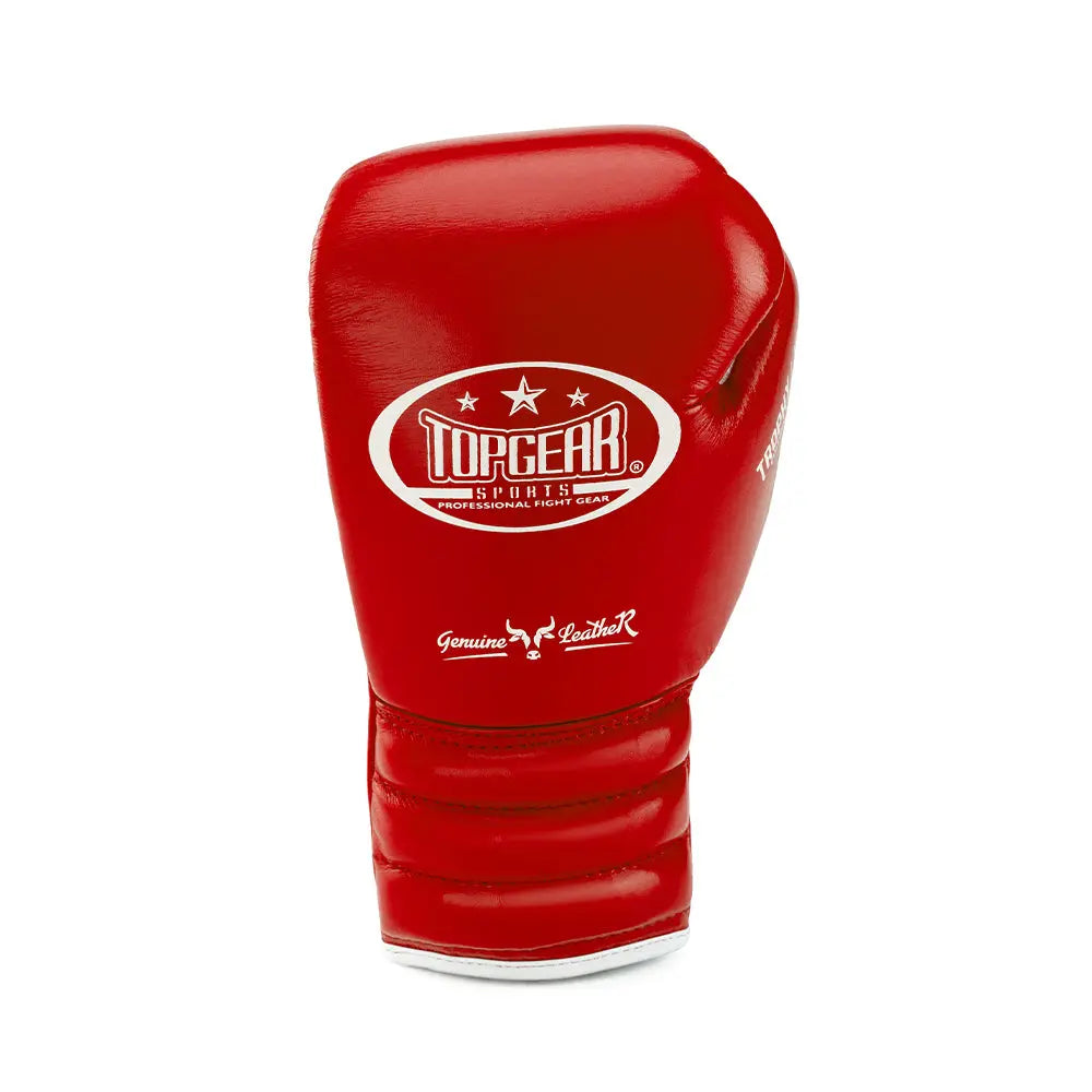 Back view of red lace-up boxing glove