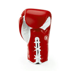 Front view of red lace-up boxing glove