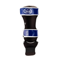 TOPGEAR Tyson Edition shin guards back view close up showing black padding and blue strap closure
