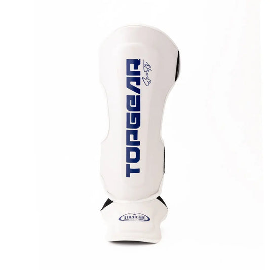 white TOPGEAR Tyson shin guard close up front view with large TOPGEAR logo and foot protector