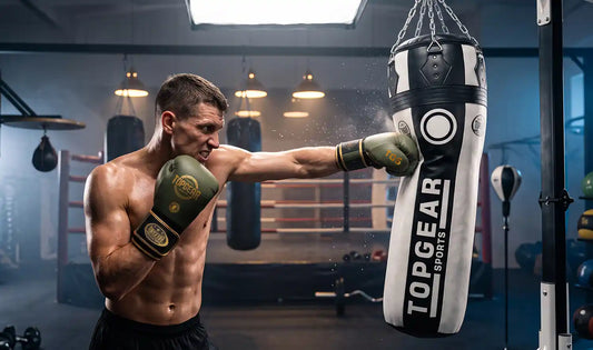 Athlete practicing with top gear boxing gloves and punching bag