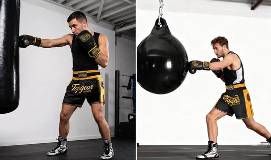 Athlete-practicing-with water-and-sand-punching-bag