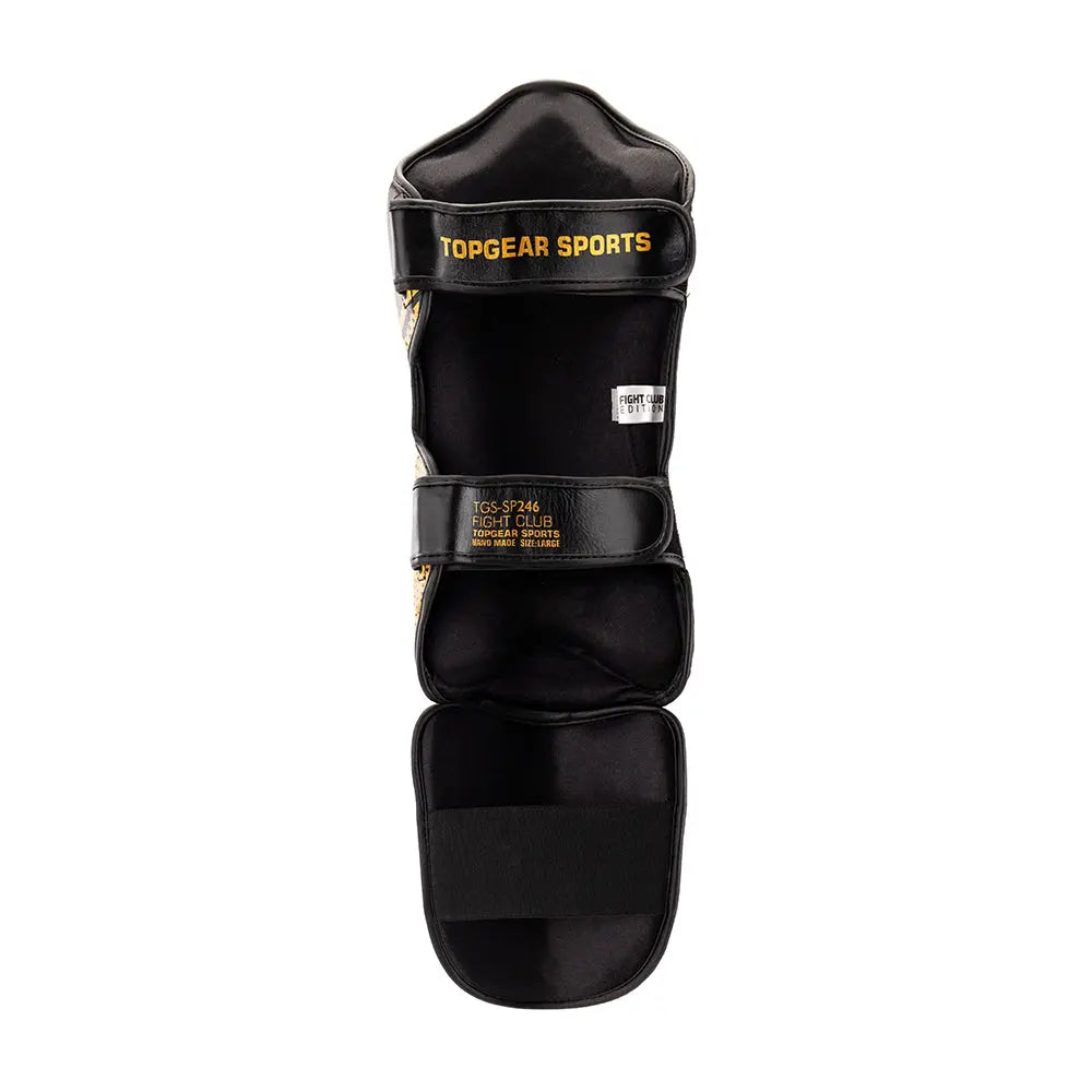 Back view of TOPGEAR Fight Club shin guard gold with double strap closure and padded calf support