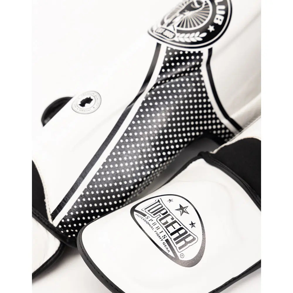 full view with white Fight Club shin guard badge and foot protector