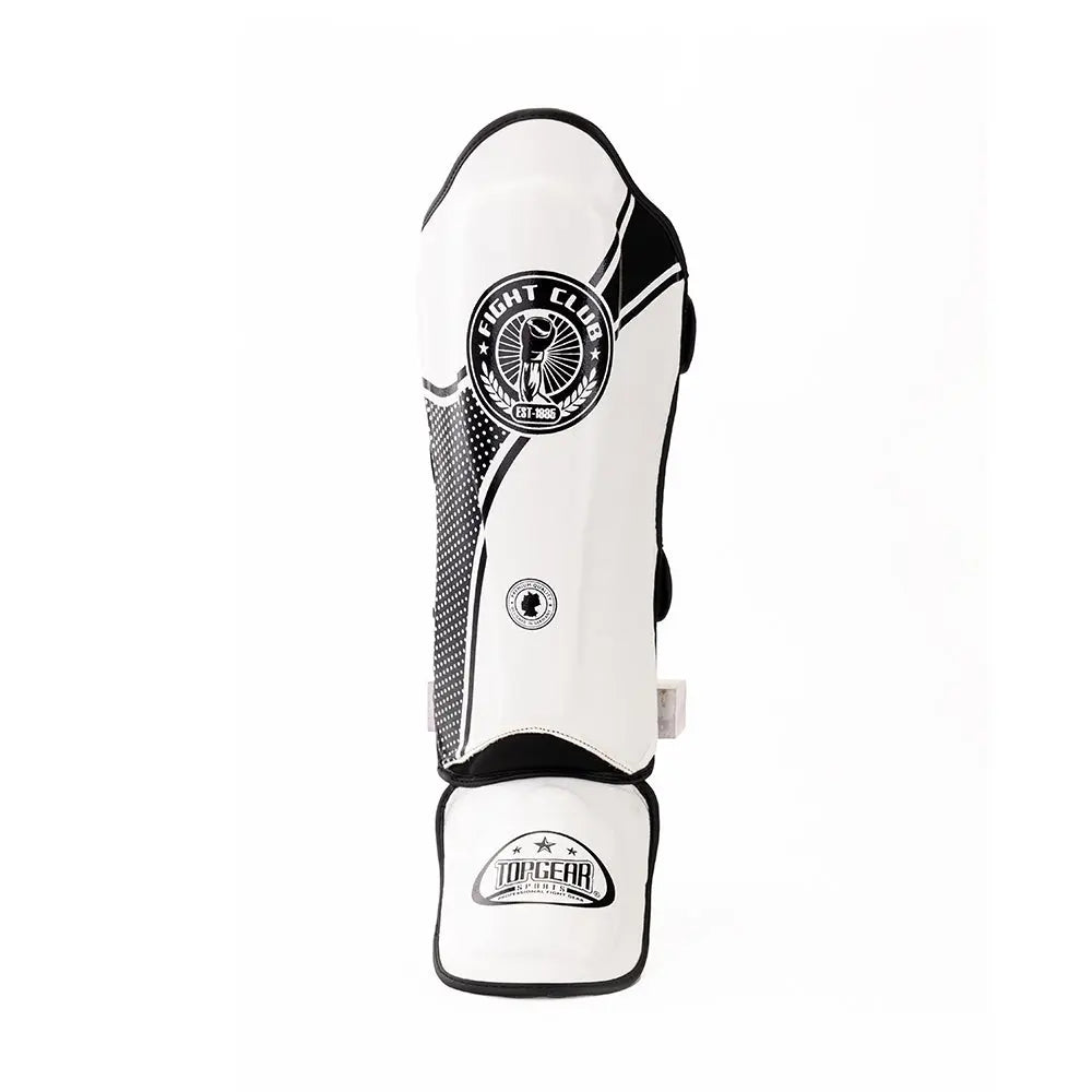 TOPGEAR Fight Club Edition shin guard white, full front view with Fight Club badge and foot protector
