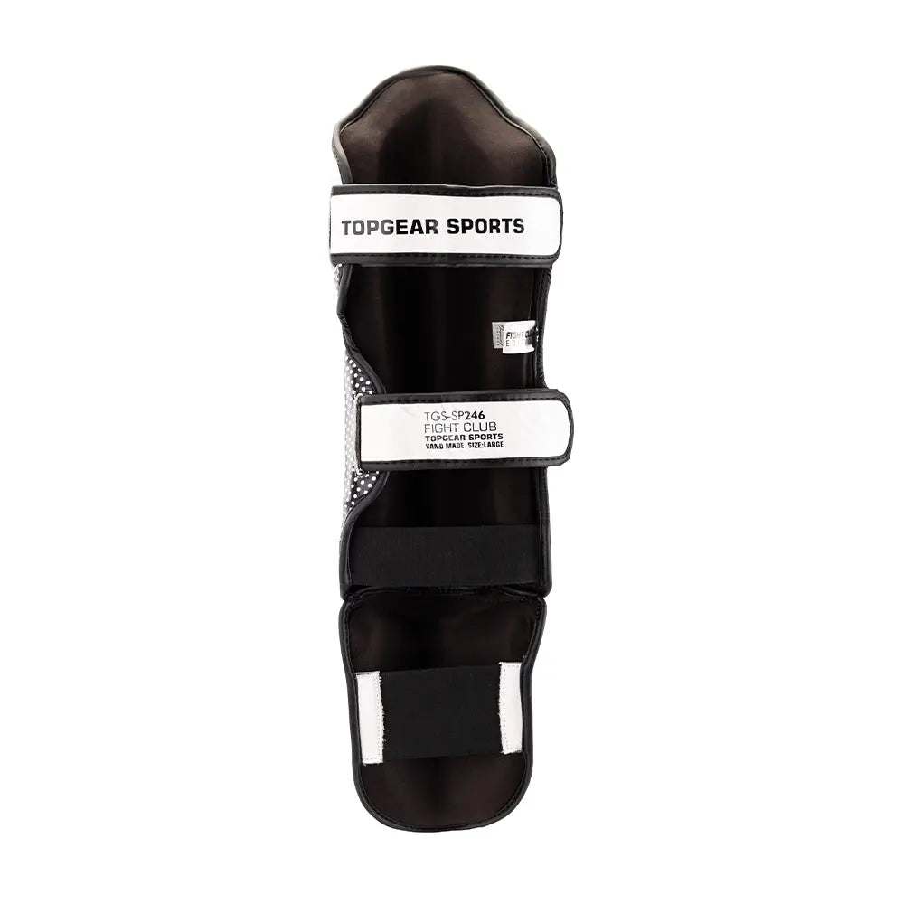 TOPGEAR Fight Club shin guard (white) back view showing TOPGEAR SPORTS strap branding and secure double straps