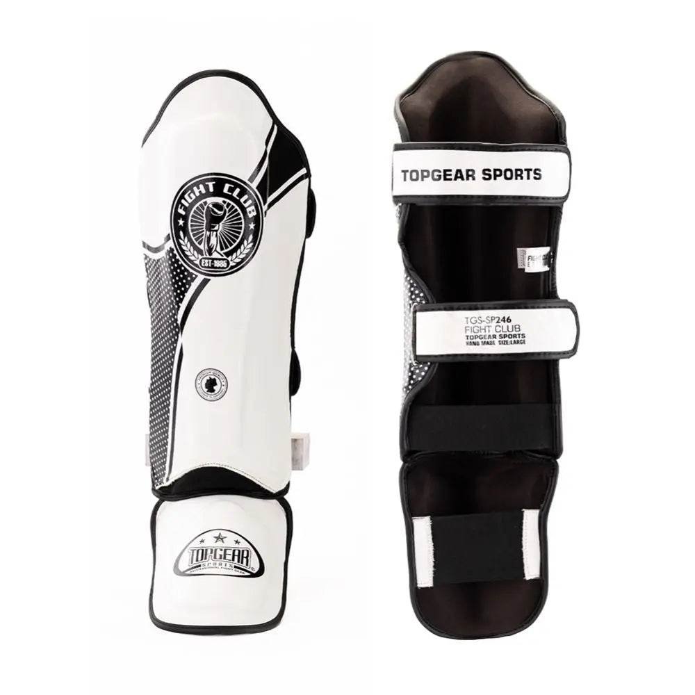 TOPGEAR Fight Club Edition shin guards white, front and back view with double straps and foot protector