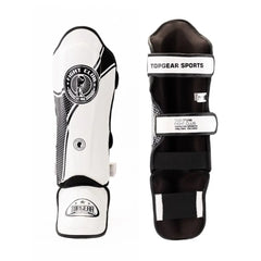 TOPGEAR Fight Club Edition shin guards white, front and back view with double straps and foot protector