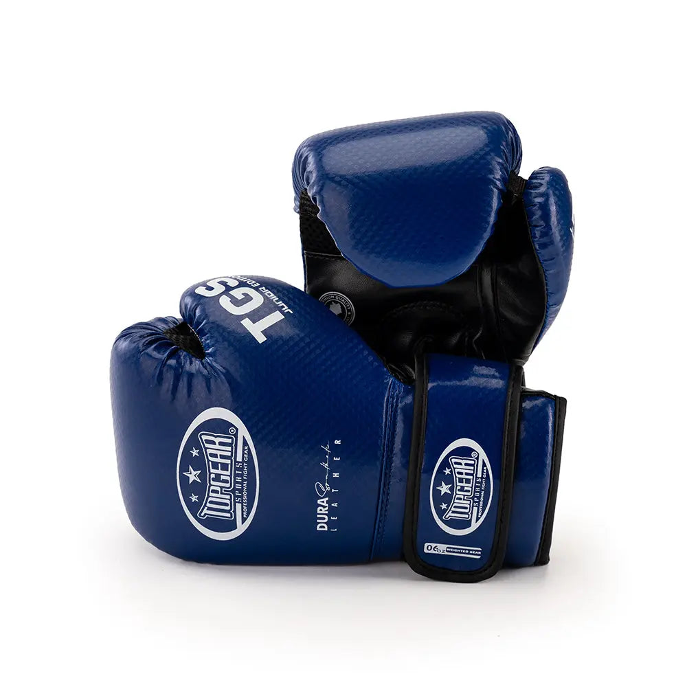 Junior boxing gloves blue and black – stacked view showing padding and strap