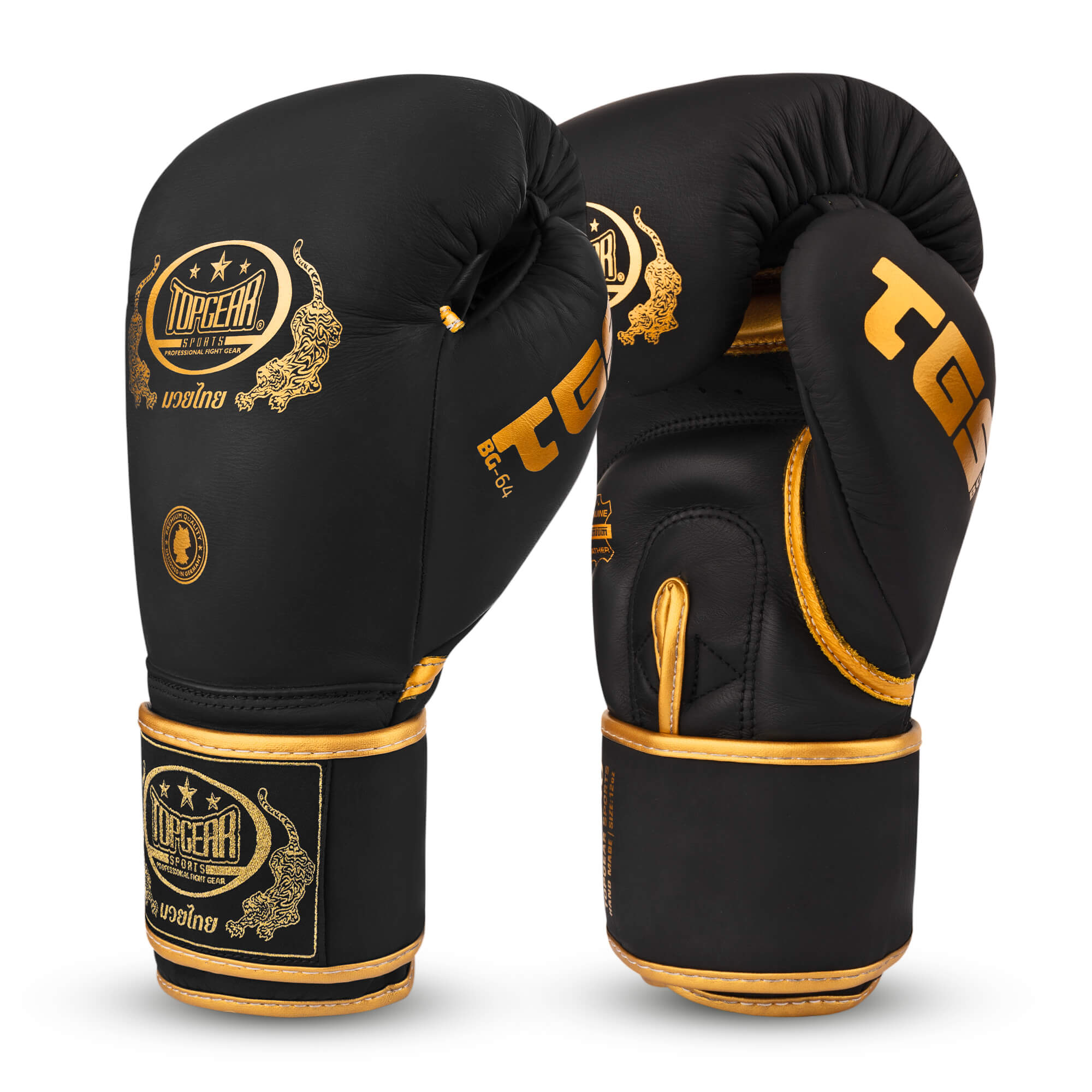 TOPGEAR SPORTS Muay Thai Edition boxing gloves black gold pair angled view premium leather training gloves