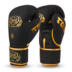 TOPGEAR SPORTS Muay Thai Edition boxing gloves black gold pair angled view premium leather training gloves