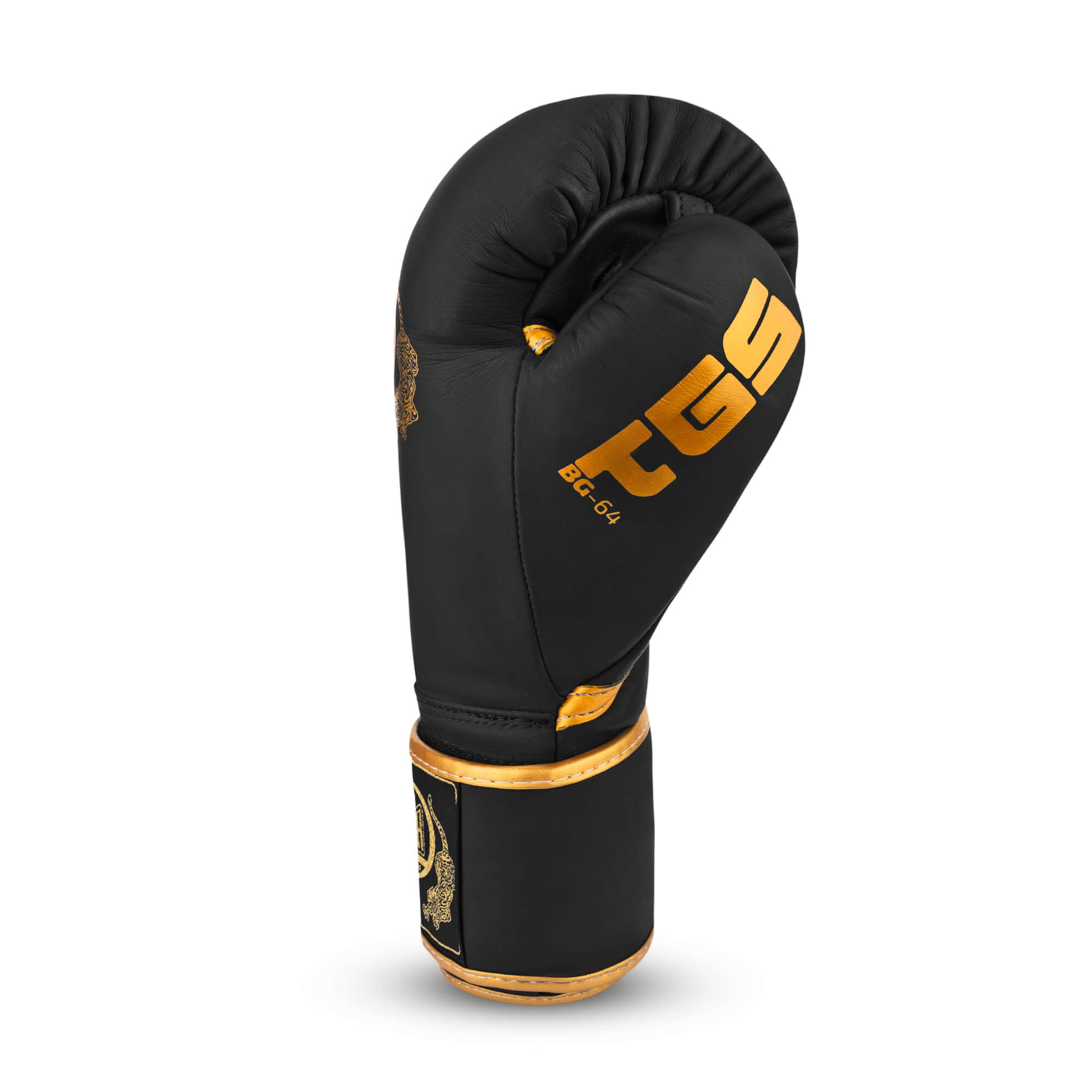 TOPGEAR SPORTS Muay Thai Edition boxing glove side view black gold premium leather thumb and wrist support