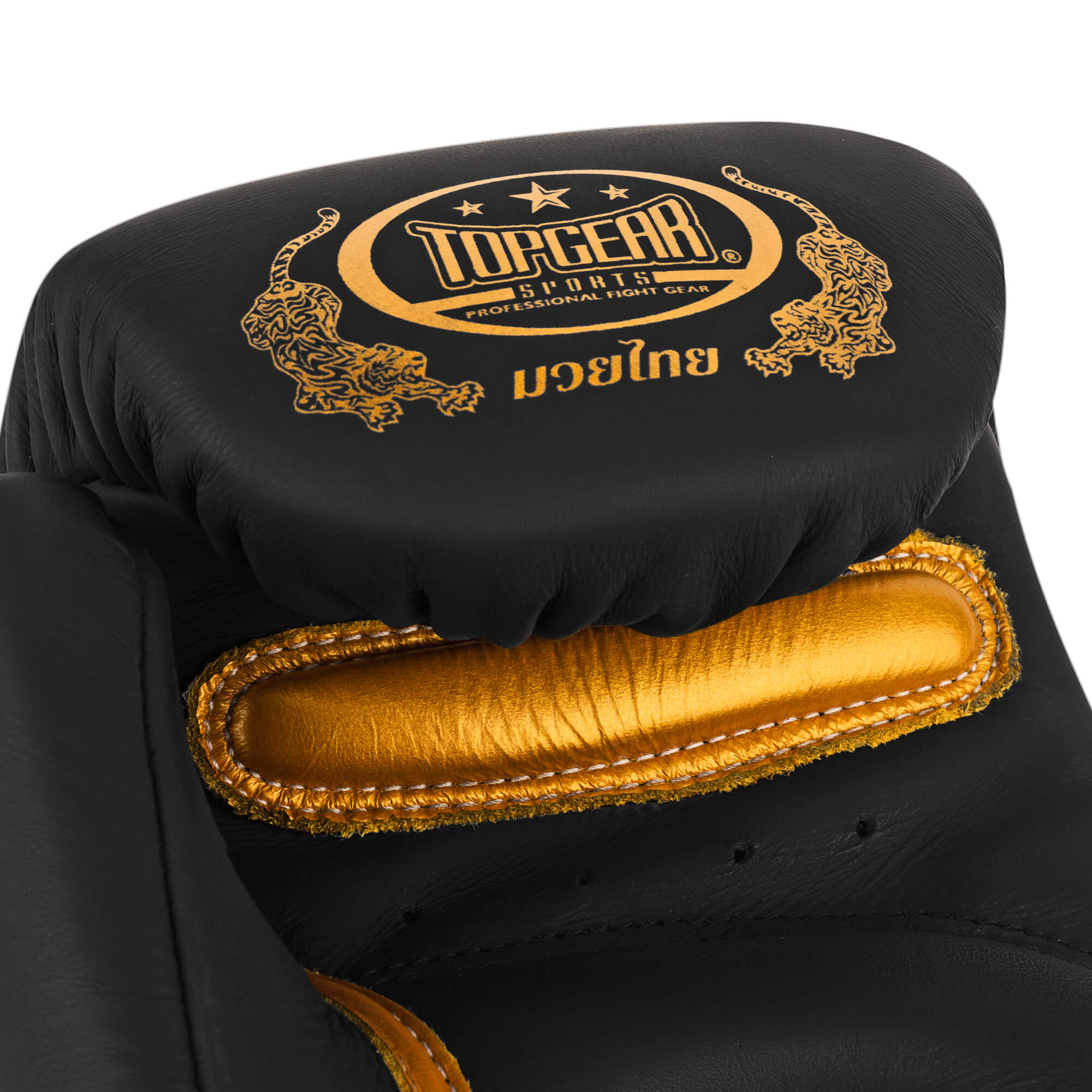 Close-up of TOPGEAR SPORTS Muay Thai Edition boxing glove black gold logo and inner lining premium leather detail