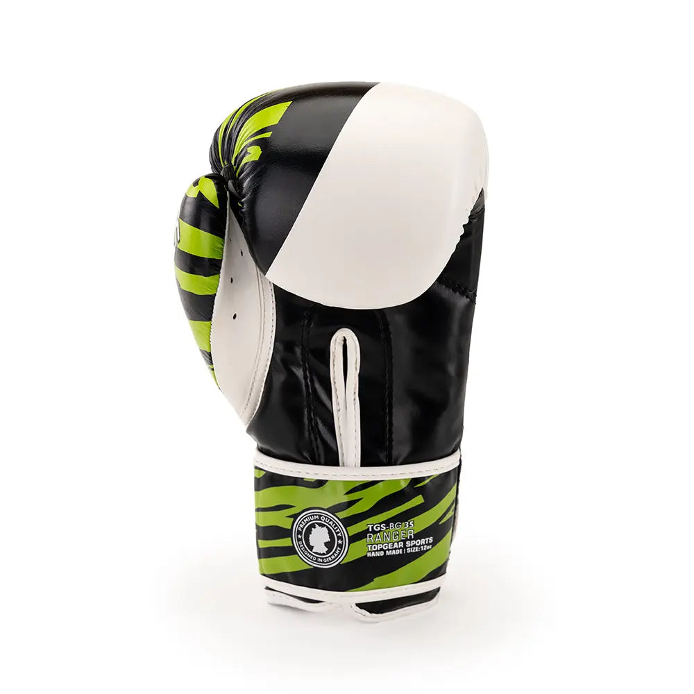 TOPGEAR SPORTS Ranger Edition boxing glove CURVED profile showing wrist strap padding and ventilation green black
