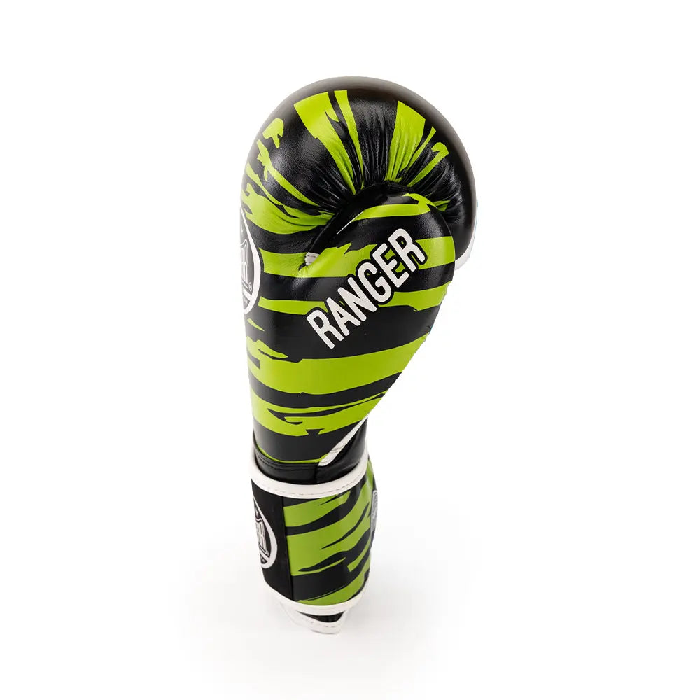 TOPGEAR SPORTS Ranger Edition boxing glove upright top knuckle view with RANGER branding green black