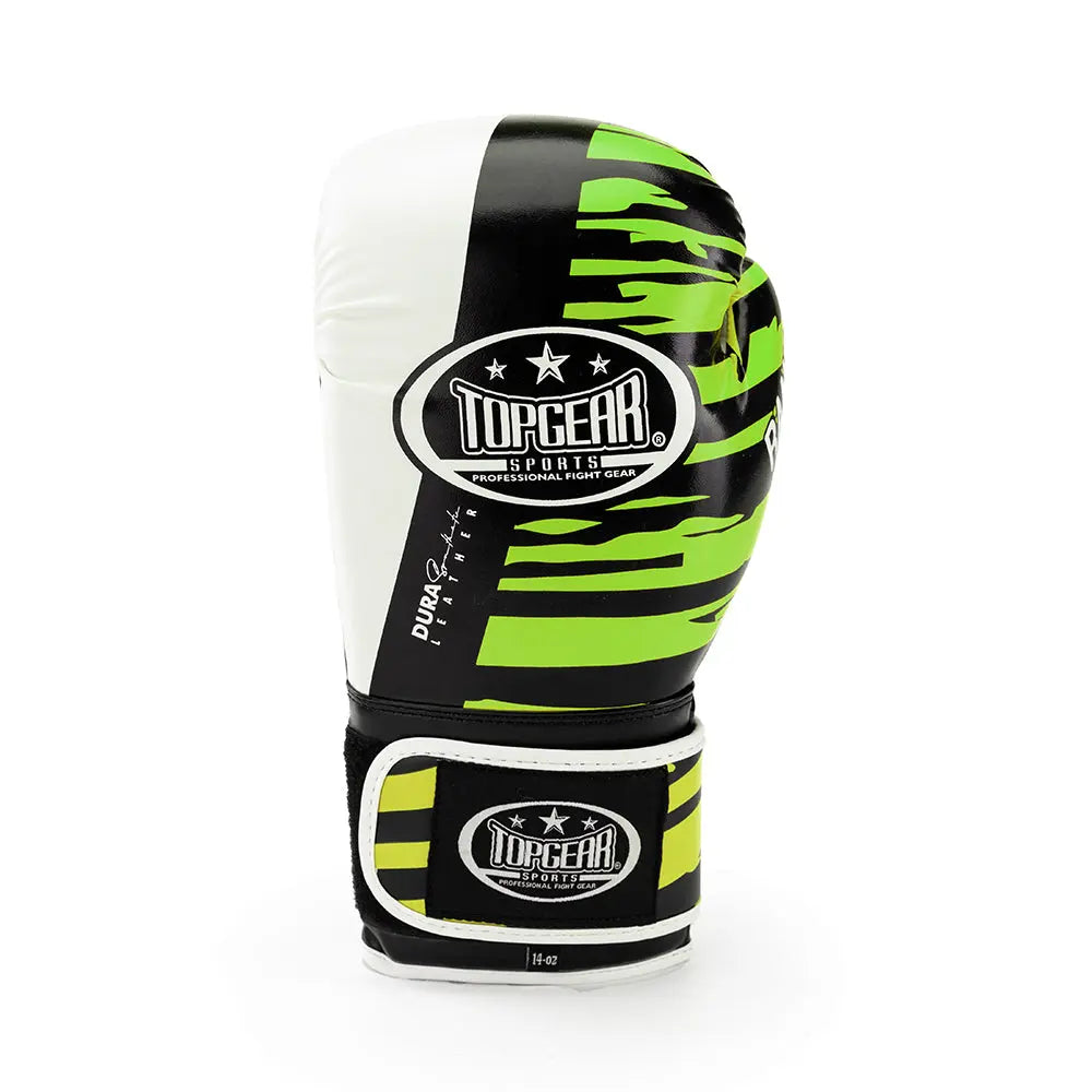 TOPGEAR SPORTS Ranger Edition boxing glove back view with TOPGEAR logo green black white wrist strap