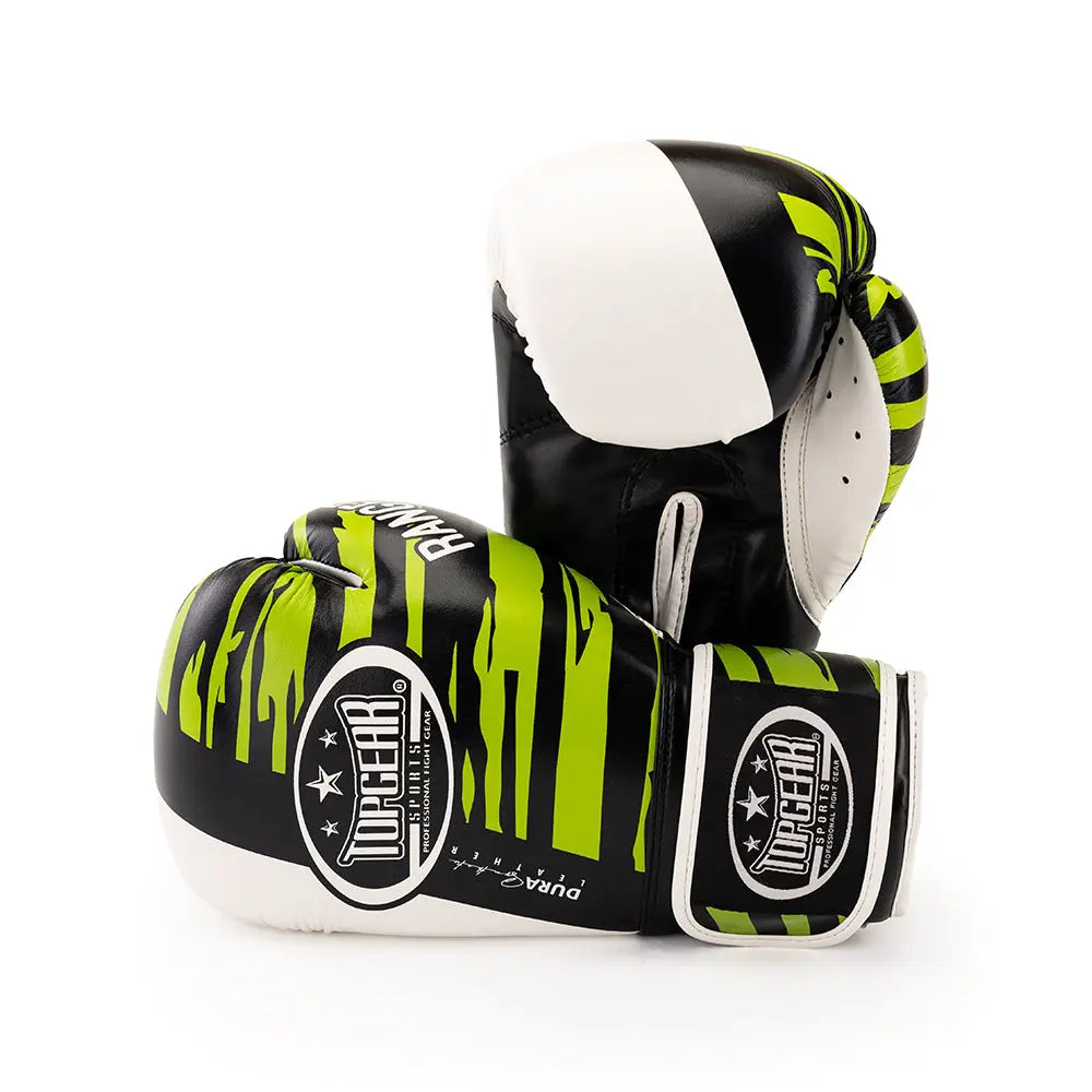 TOPGEAR SPORTS Ranger Edition boxing gloves green black stacked view one glove lying and one upright