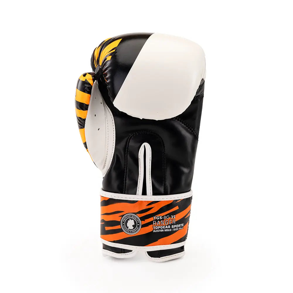 TOPGEAR SPORTS Ranger Edition boxing glove showing front curved profile and wrist strap padding and ventilation orange black