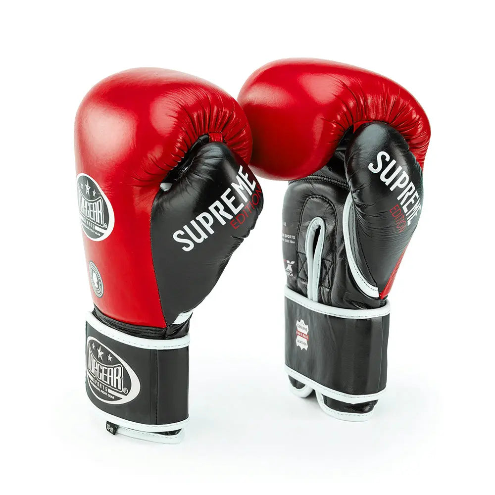 TOPGEAR SPORTS SUPREME Edition Boxing Gloves red black angled view for sparring