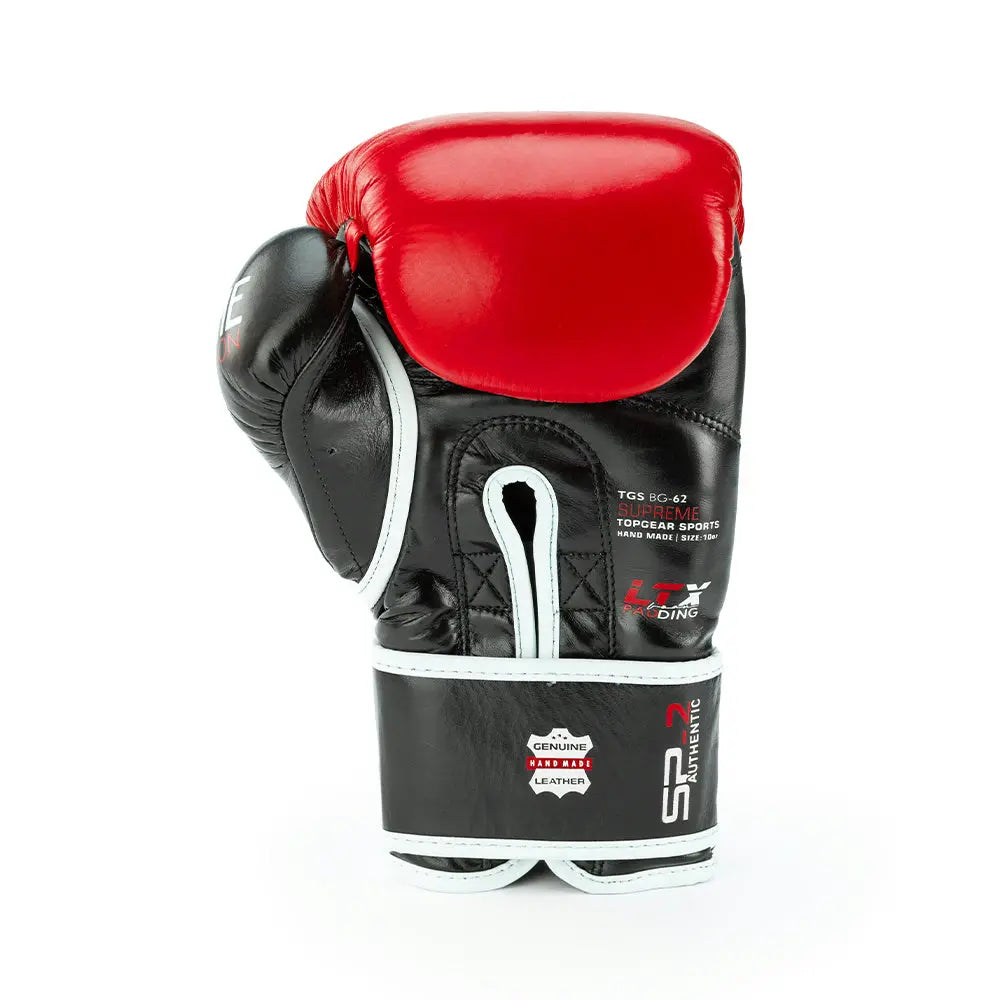 TOPGEAR SPORTS SUPREME Edition Boxing Gloves red black wrist strap close-up