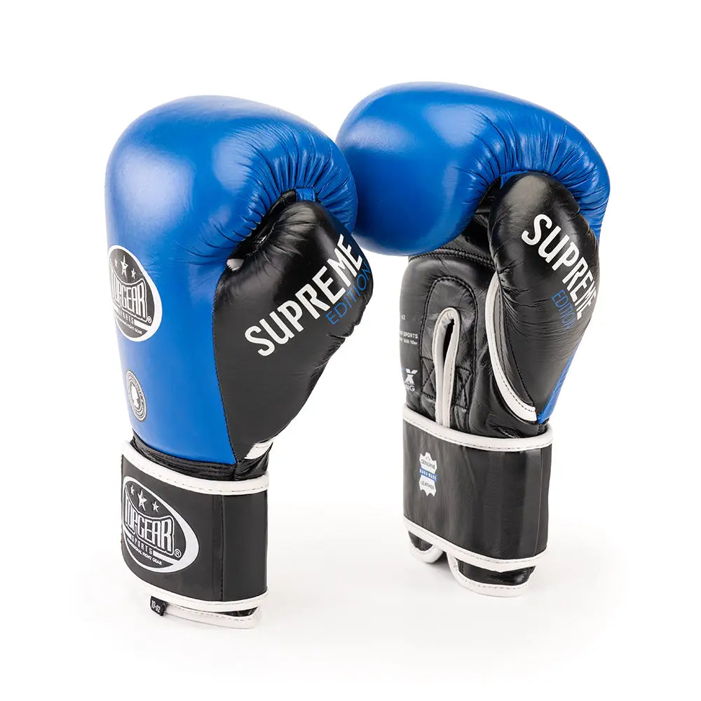 TOPGEAR SPORTS SUPREME Edition Boxing Gloves blue black pair standing angle
