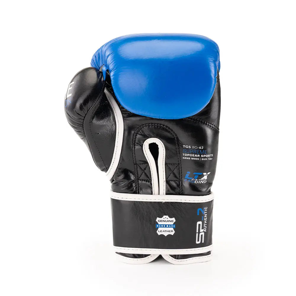 TOPGEAR SPORTS SUPREME Edition Boxing Gloves blue black wrist strap close-up