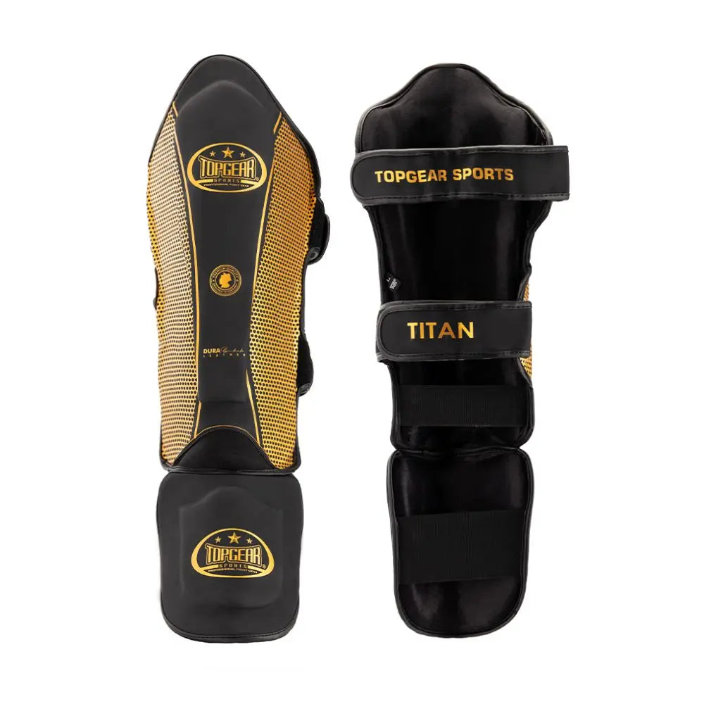 Topgear Sports TITAN shin guards front and back view in black and gold