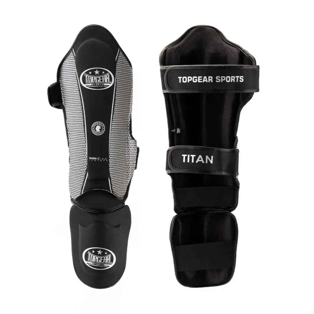 Topgear Sports TITAN shin guards front and back view in black and silver