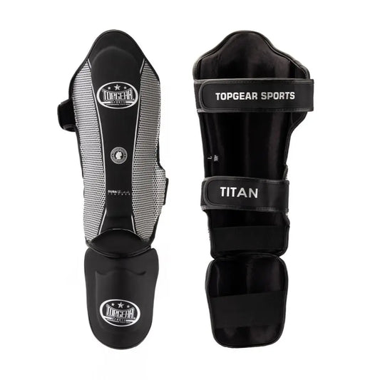 Topgear Sports TITAN shin guards front and back view in black and silver