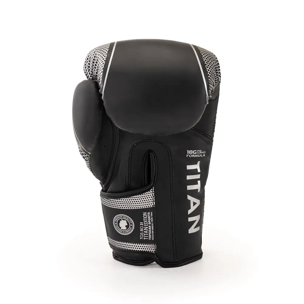 TITAN Edition Boxing Gloves – side view showing long cuff and TITAN text branding
