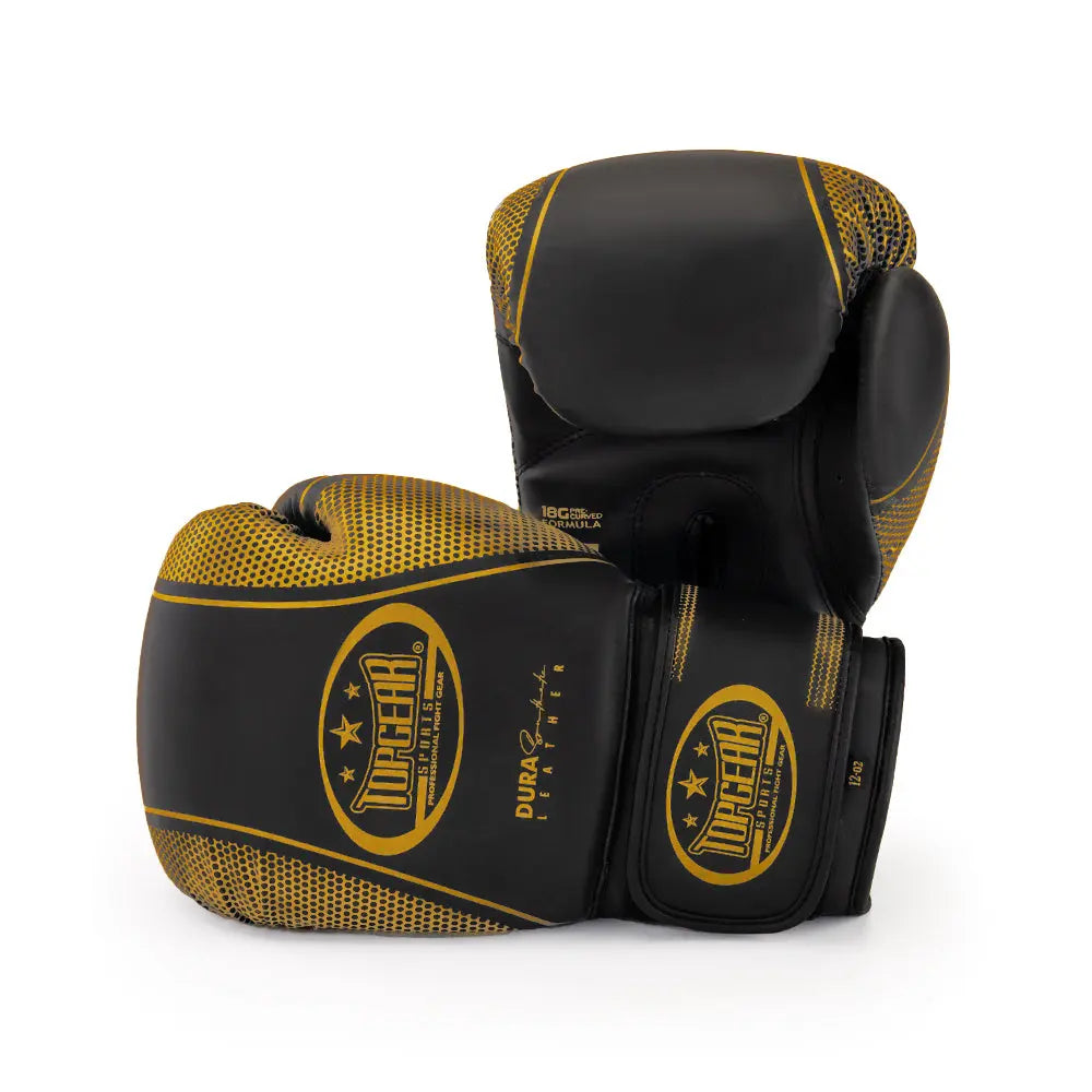 TITAN Edition Boxing Gloves – black and gold training gloves front view with wrist strap