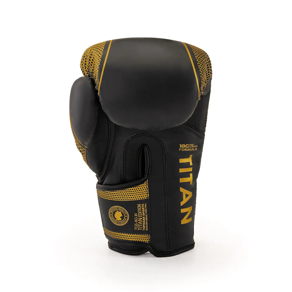 TITAN Edition Boxing Gloves – side view showing long cuff and TITAN text branding