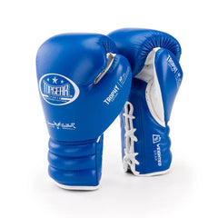 Blue lace-up boxing glove made of premium leather for training and sparring