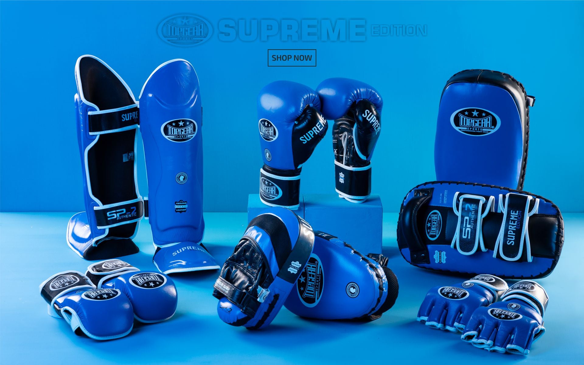 A complete Muay Thai training gear set in blue