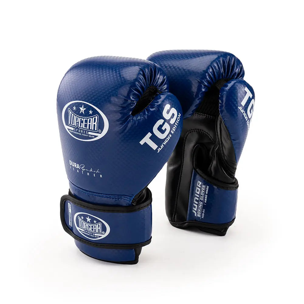 Junior boxing gloves blue and black pair – front angle