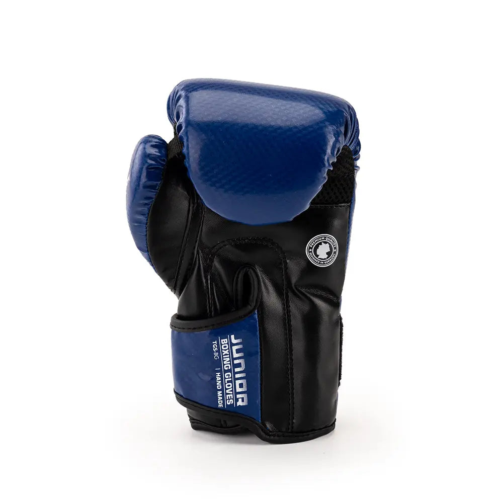 Junior boxing gloves blue and black – showing curved view padding and palm area