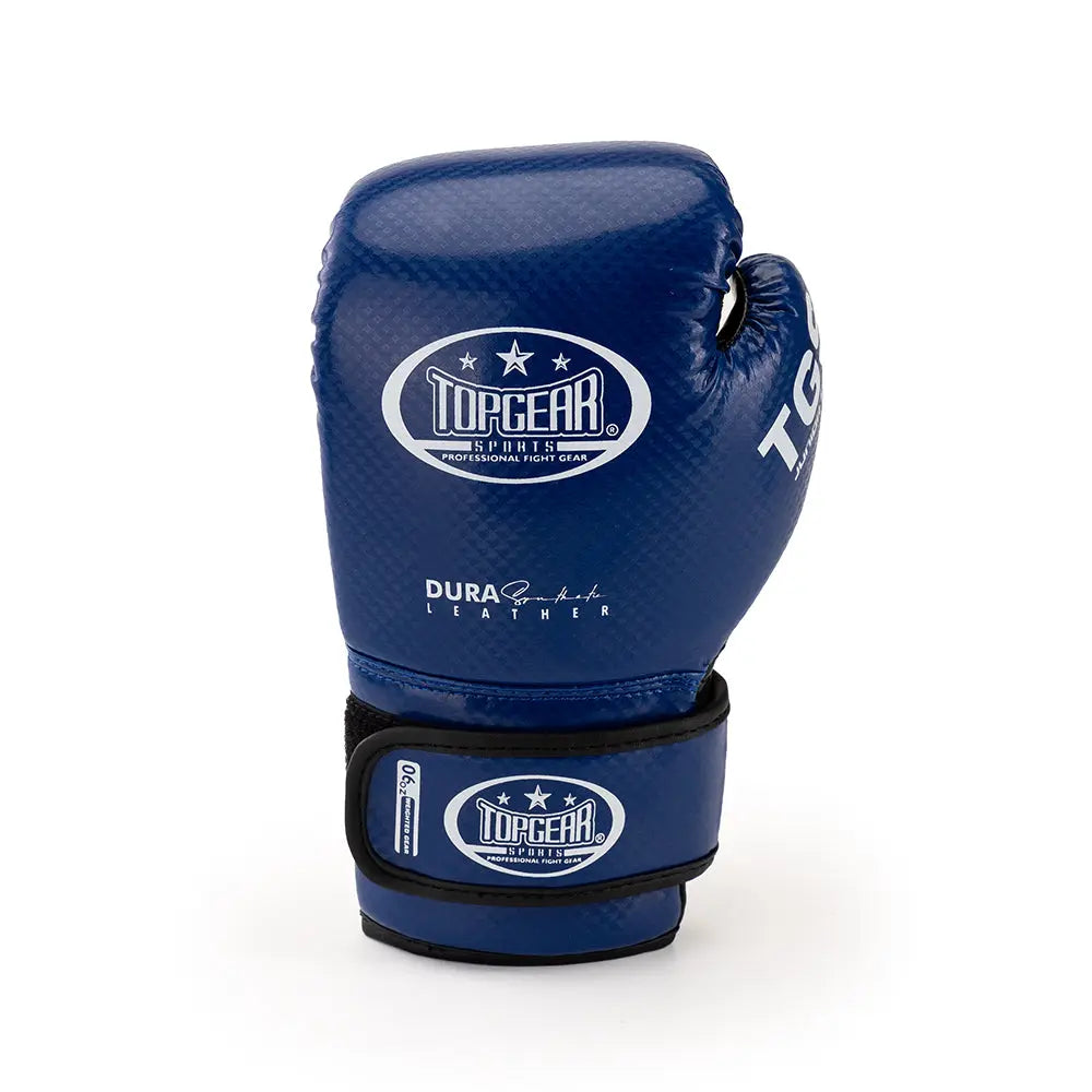 Junior boxing gloves blue and black – back view with wrist strap and topgear branding