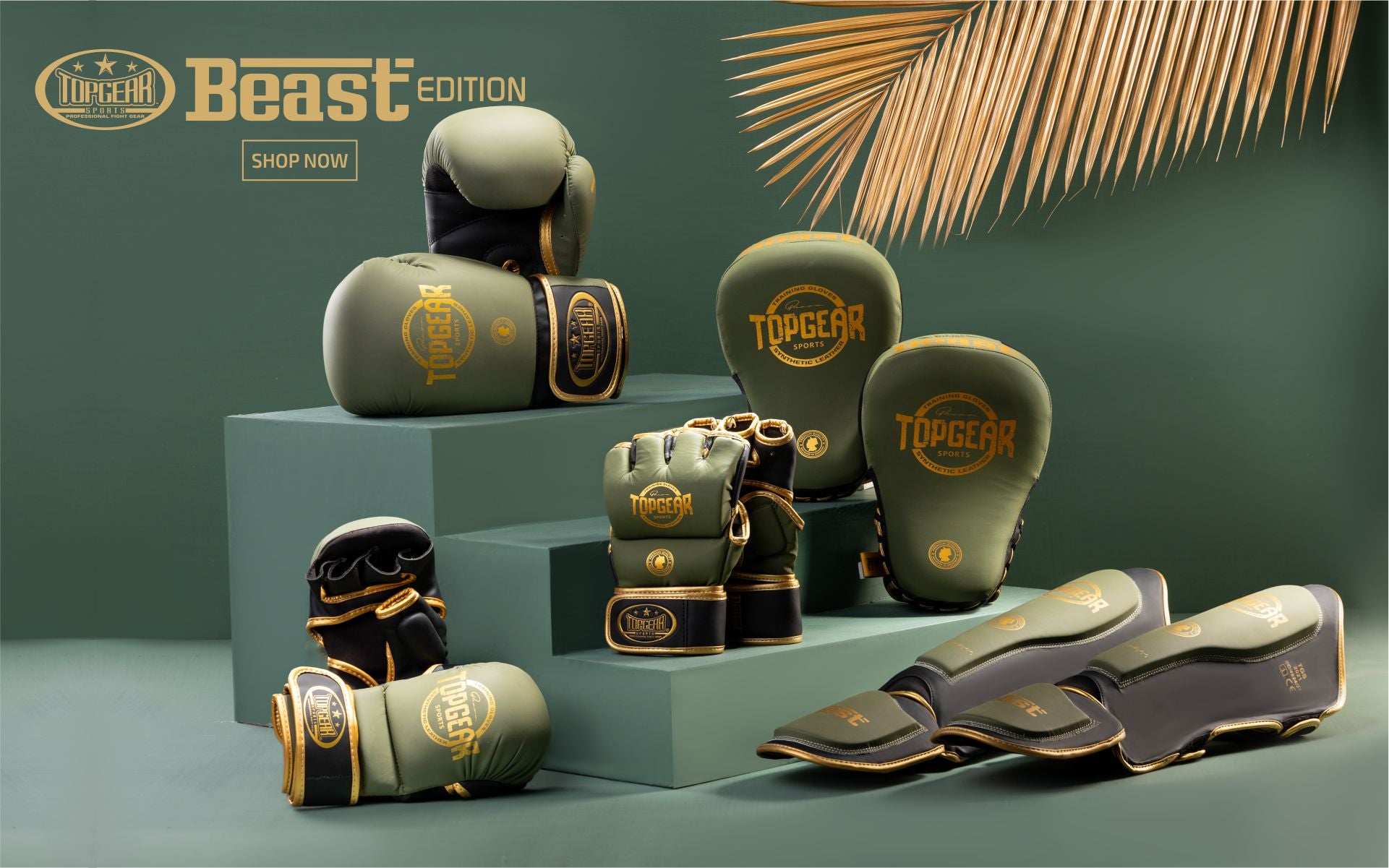 TopGear Beast Edition boxing gears displayed in green and gold