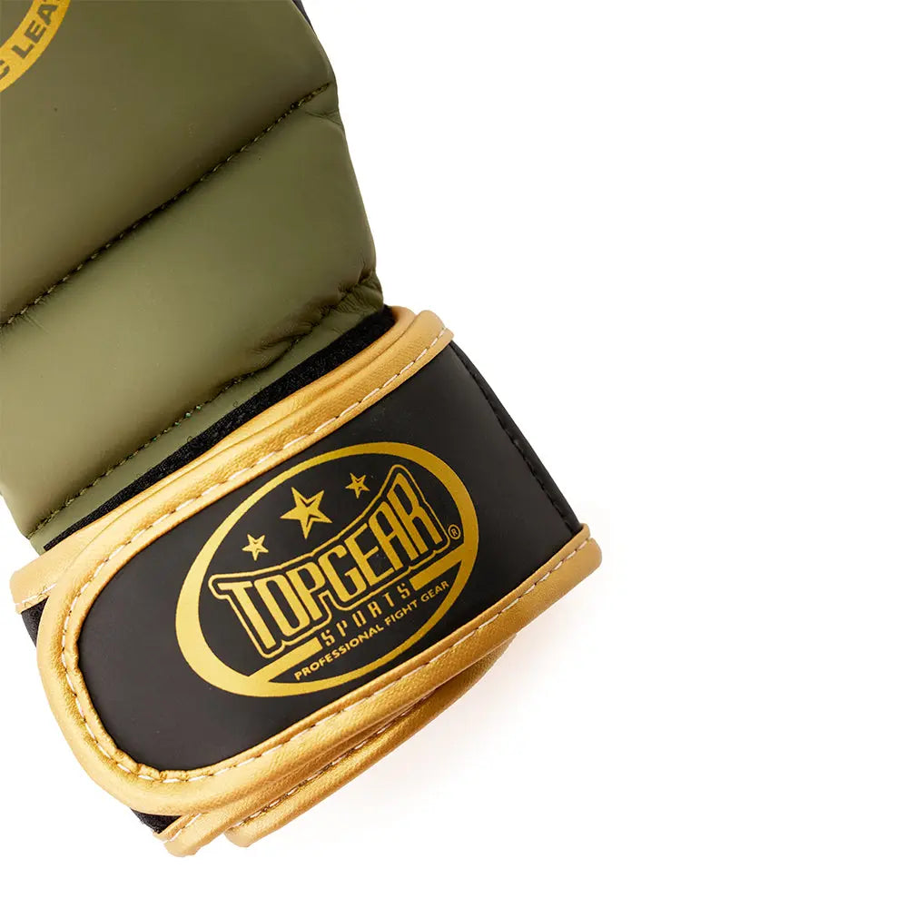 Close up of TopGear logo on wrist strap of Beast Edition shooter MMA gloves