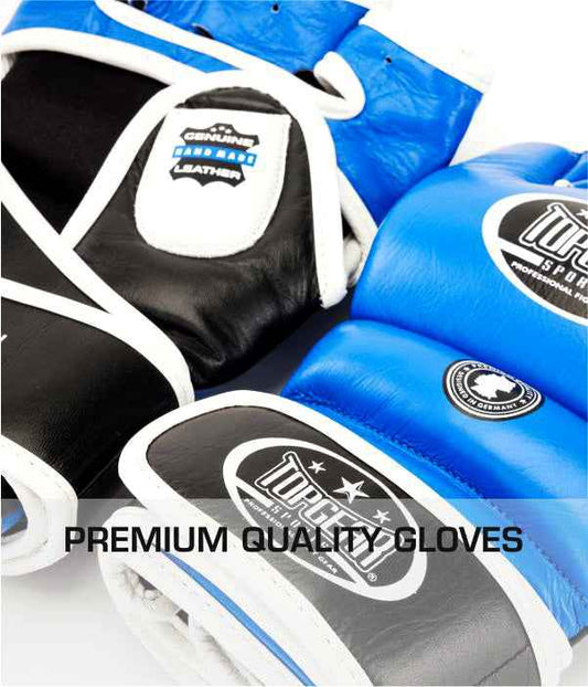 Close-up of blue and black Topgear mma gloves
