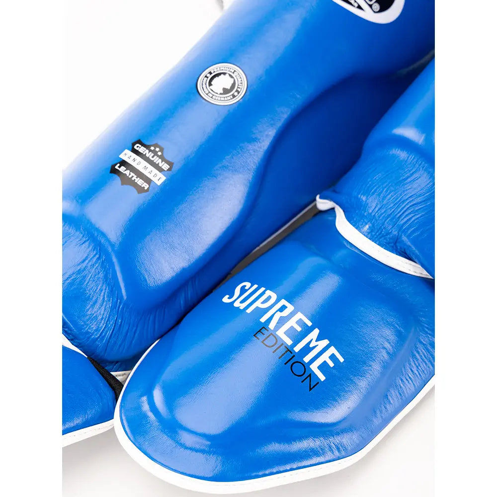 TOPGEAR Supreme shin guards blue close up showing padded foot protection