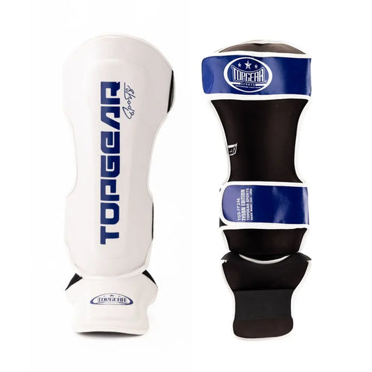 TOPGEAR Tyson Edition shin guards front and back close up with white shin shell and black blue straps