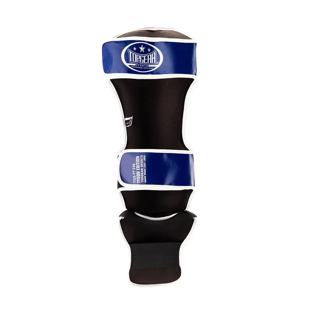TOPGEAR Tyson Edition shin guards back view close up showing black padding and blue strap closure