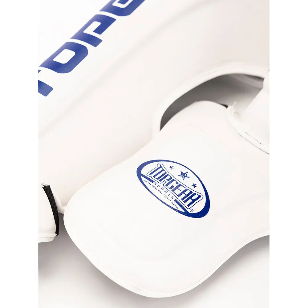 TOPGEAR shin guards foot protection close up with TOPGEAR logo on white padded instep guard